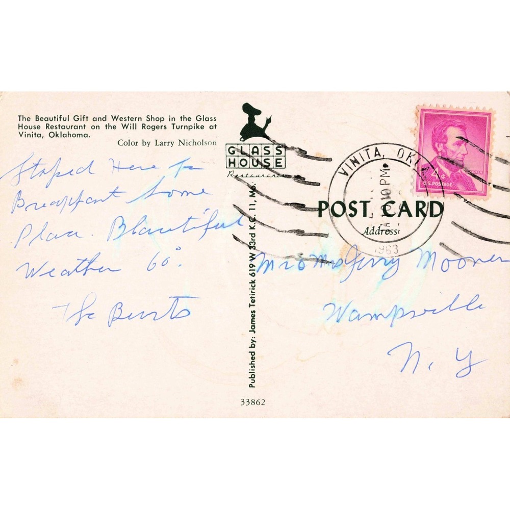 Vinita Oklahoma OK Glass House Restaurant Western Shop 1963 Vtg Chrome Postcard - Picture 2 of 2